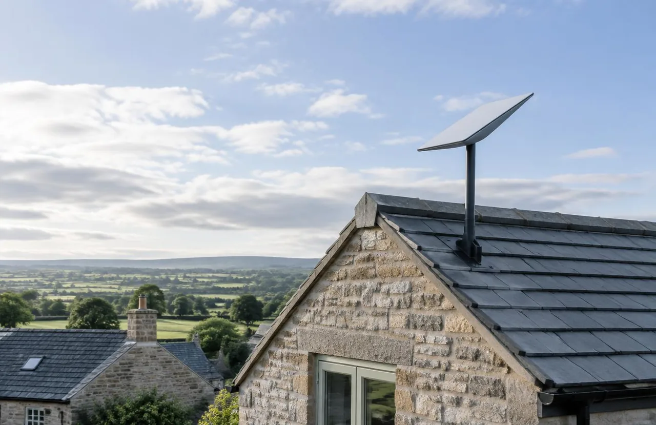 A Starlink dish mounted on the ridge of a Yorkshire stone cottage, with open countryside behind